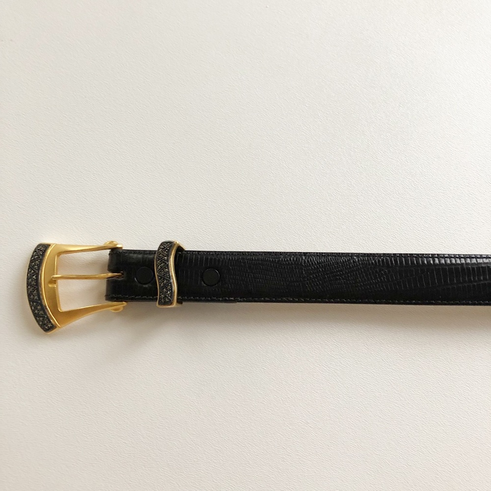 Vtg Judith Jack Gold Tone Buckle w/ Marcasites Black Leather Belt Lizard Sz Sm - Picture 2 of 14